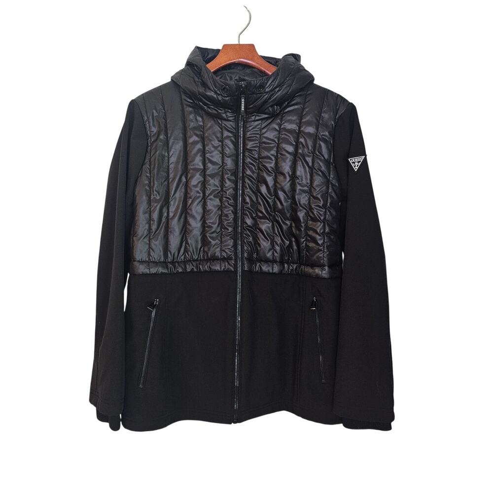 Guess Black Hybrid Quilted Puffer Softshell Hooded Jacket Size XL